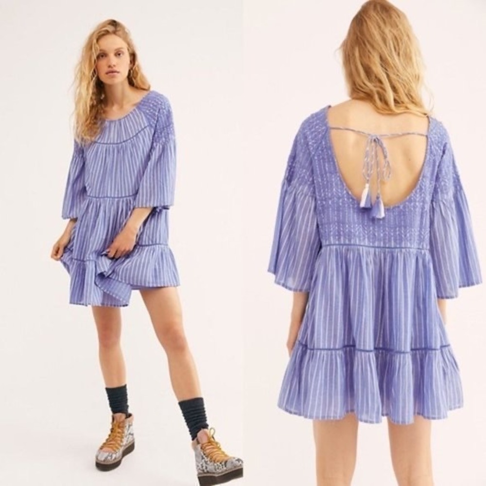 Free People Lola Embroidered Striped Mini Dress S Blue Tiered Coastal Festival - Picture 1 of 7